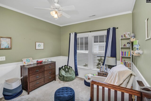 128 Van Der Horst Dr, Columbia, SC 29229 - bedroom with ornamental molding, a wainscoted wall, carpet flooring, and ceiling fan