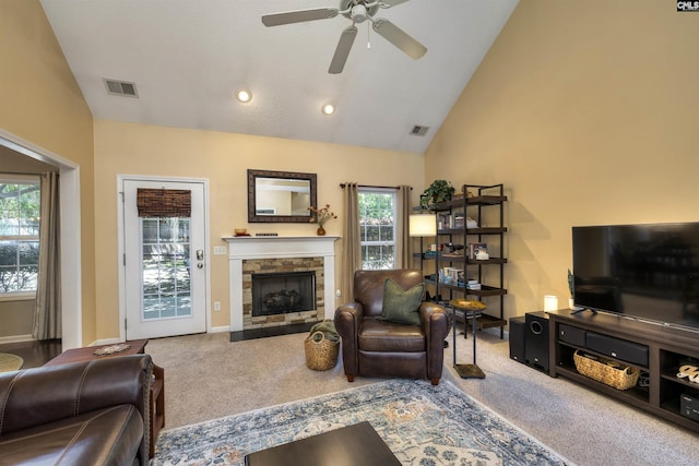 301 Spring Mist Ct, Lexington, SC 29072 - carpeted living room featuring ceiling fan, a fireplace, baseboards, and high vaulted ceiling