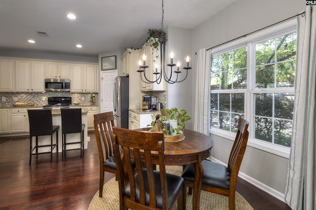 301 Spring Mist Ct, Lexington, SC 29072 - dining space with healthy amount of natural light, dark wood finished floors, a chandelier, baseboards, and recessed lighting