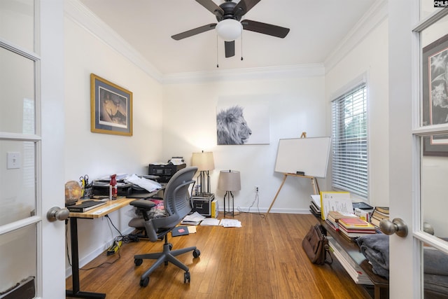 22 Genesis Ln, Camden, SC 29020 - home office with a ceiling fan, wood finished floors, ornamental molding, and baseboards