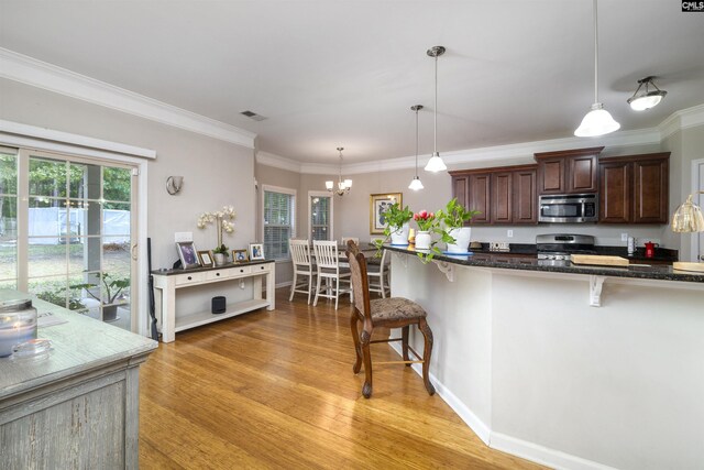 22 Genesis Ln, Camden, SC 29020 - kitchen featuring appliances with stainless steel finishes, a breakfast bar, light wood-style floors, crown molding, and hanging light fixtures