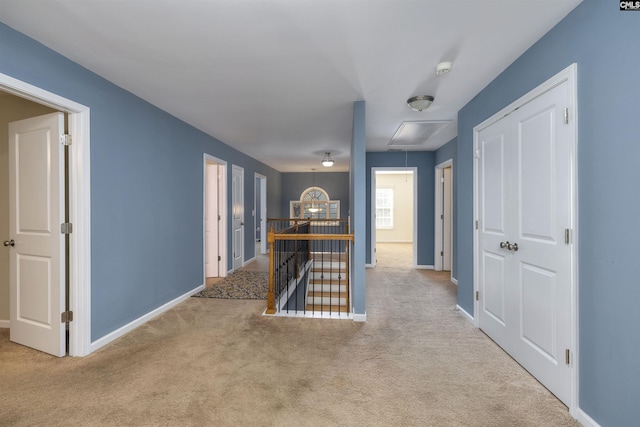 22 Genesis Ln, Camden, SC 29020 - hall with attic access, an upstairs landing, carpet floors, and baseboards