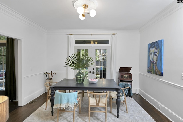 432 Running Fox Rd, Columbia, SC 29223 - dining space with ornamental molding, healthy amount of natural light, dark wood-style floors, baseboards, and french doors