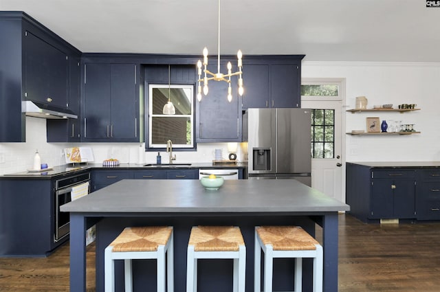 432 Running Fox Rd, Columbia, SC 29223 - kitchen with appliances with stainless steel finishes, a sink, under cabinet range hood, dark countertops, and a chandelier
