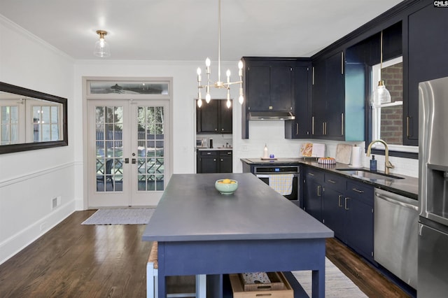 432 Running Fox Rd, Columbia, SC 29223 - kitchen featuring stainless steel appliances, a sink, french doors, decorative backsplash, and dark wood-style floors