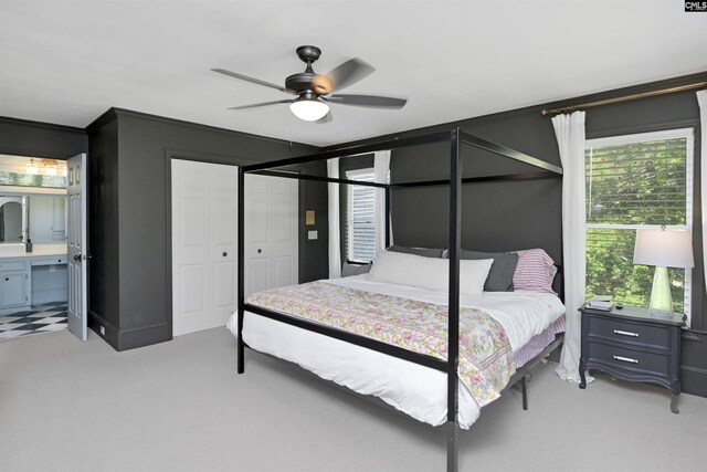 432 Running Fox Rd, Columbia, SC 29223 - bedroom with light carpet, ceiling fan, and ensuite bathroom