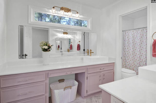 432 Running Fox Rd, Columbia, SC 29223 - bathroom with vanity, plenty of natural light, toilet, ornamental molding, and curtained shower