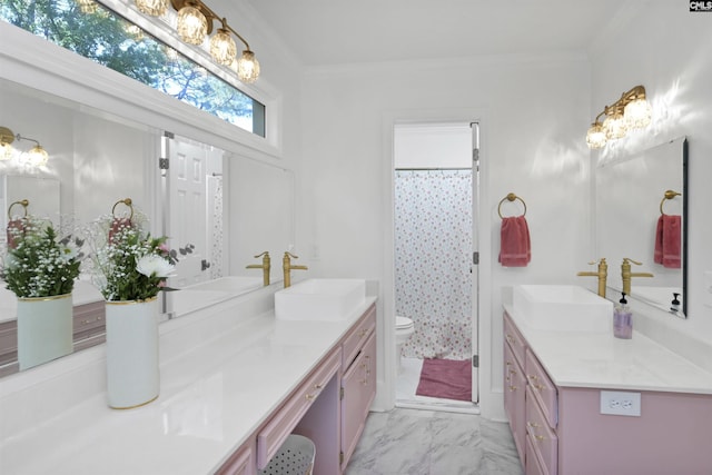 432 Running Fox Rd, Columbia, SC 29223 - bathroom with vanity, toilet, marble look tiles, crown molding, and a shower with curtain