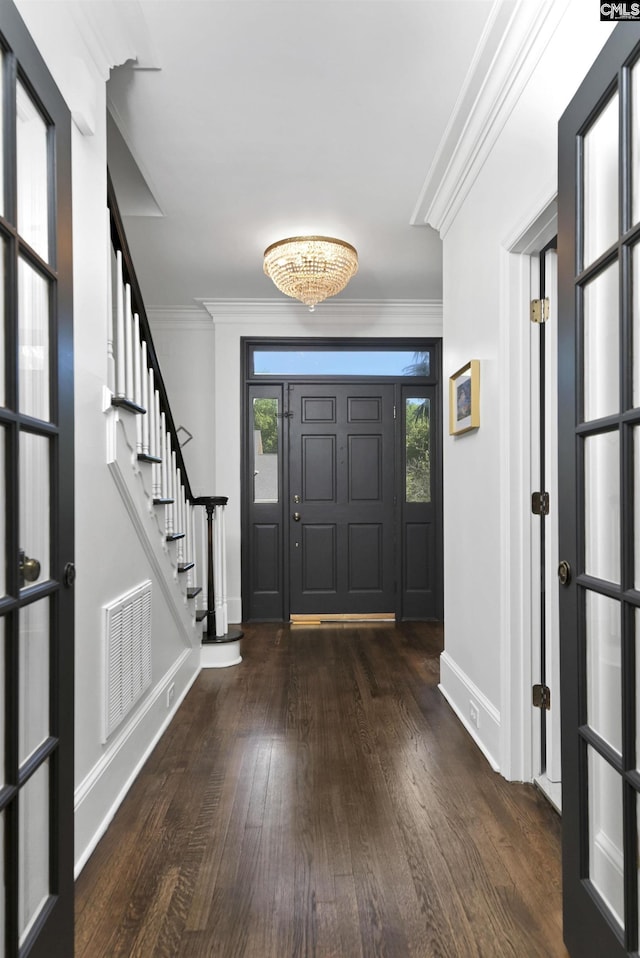 432 Running Fox Rd, Columbia, SC 29223 - entryway featuring baseboards, wood finished floors, stairs, and ornamental molding