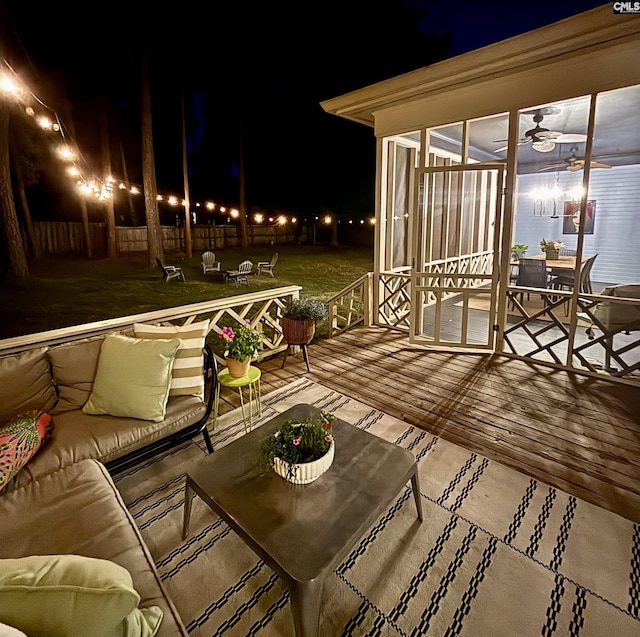 432 Running Fox Rd, Columbia, SC 29223 - view of wooden balcony featuring outdoor dining area, ceiling fan, a deck, and an outdoor hangout area
