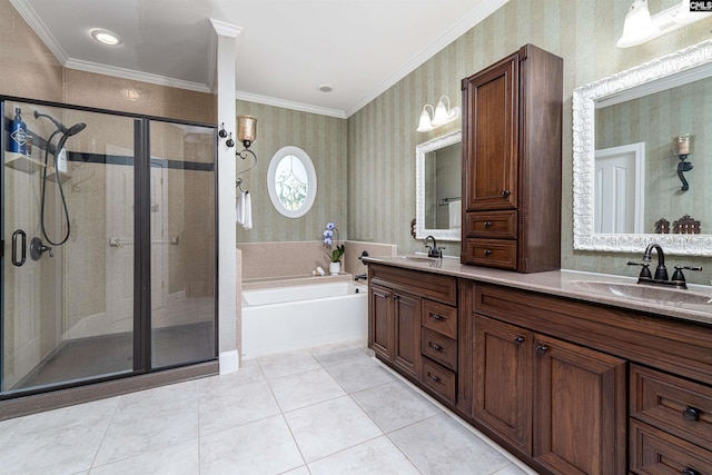 107 Sherborne Ln, Columbia, SC 29229 - bathroom featuring wallpapered walls, a bath, double vanity, a stall shower, and crown molding