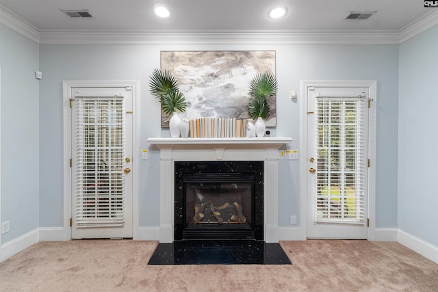 107 Sherborne Ln, Columbia, SC 29229 - detailed view of carpet floors, ornamental molding, a fireplace, recessed lighting, and baseboards