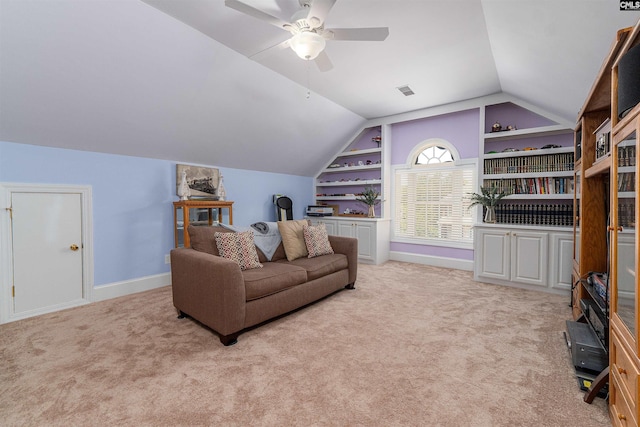 107 Sherborne Ln, Columbia, SC 29229 - living room featuring vaulted ceiling, carpet flooring, a ceiling fan, and baseboards