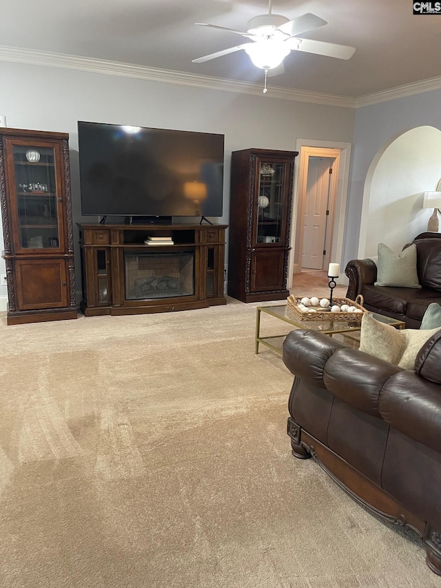 107 Sherborne Ln, Columbia, SC 29229 - living area featuring carpet flooring, crown molding, a ceiling fan, and arched walkways
