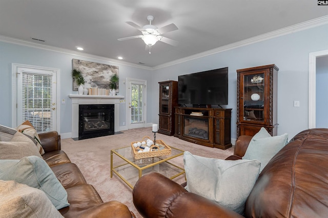 107 Sherborne Ln, Columbia, SC 29229 - living room with a fireplace with flush hearth, healthy amount of natural light, crown molding, ceiling fan, and recessed lighting