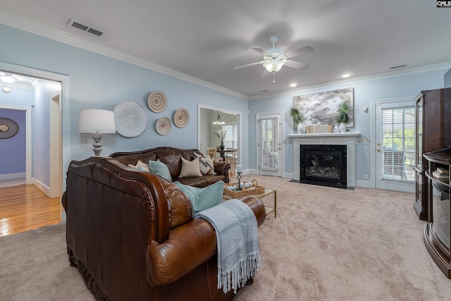107 Sherborne Ln, Columbia, SC 29229 - living area featuring crown molding, carpet flooring, a ceiling fan, baseboards, and a fireplace with flush hearth