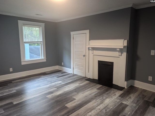 2217 Blossom St, Columbia, SC 29205 - unfurnished living room featuring crown molding, dark wood-style floors, and baseboards