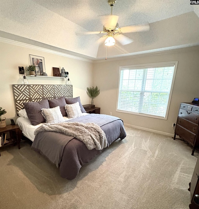 10 Tambridge Ct, Columbia, SC 29229 - carpeted bedroom featuring a textured ceiling, ornamental molding, a tray ceiling, a ceiling fan, and baseboards