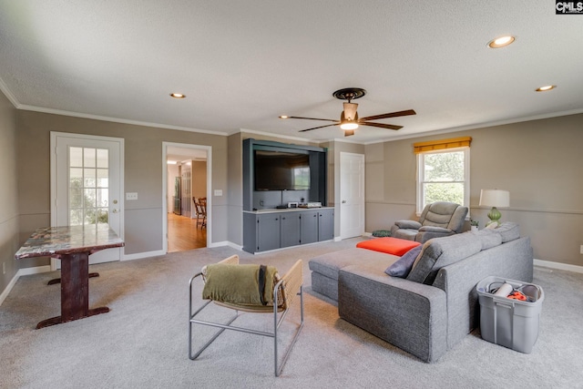 1302 Sunnyhill Dr, Camden, SC 29020 - carpeted living room featuring crown molding, baseboards, recessed lighting, and a ceiling fan