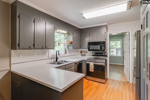 1302 Sunnyhill Dr, Camden, SC 29020 - kitchen featuring appliances with stainless steel finishes, a sink, healthy amount of natural light, ornamental molding, and a peninsula