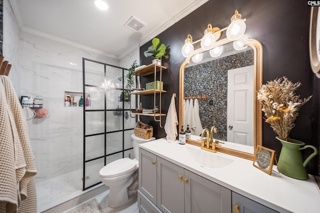173 Snow Ln, Lexington, SC 29073 - bathroom with ornamental molding, tiled shower, toilet, and vanity