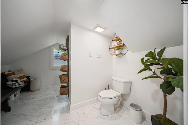 173 Snow Ln, Lexington, SC 29073 - bathroom with marble look tiles, toilet, vaulted ceiling, and baseboards
