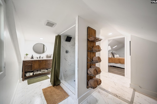 173 Snow Ln, Lexington, SC 29073 - ensuite bathroom with a shower with shower curtain, vanity, marble finish flooring, recessed lighting, and baseboards