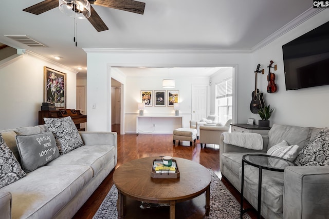 307 Swallowtail Ln, West Columbia, SC 29169 - living area with a ceiling fan, dark wood-type flooring, and crown molding