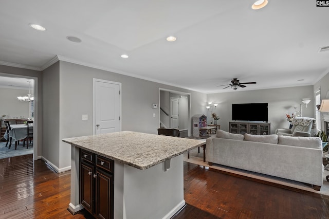 2 Casey Dr, Elgin, SC 29045 - kitchen with ceiling fan, ornamental molding, dark wood-style floors, recessed lighting, and a chandelier