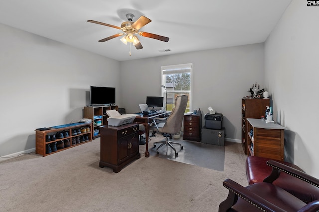 2 Casey Dr, Elgin, SC 29045 - home office featuring ceiling fan, light colored carpet, and baseboards