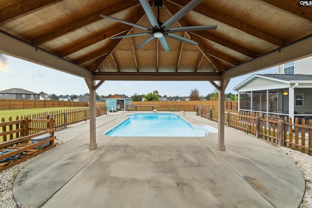 2 Casey Dr, Elgin, SC 29045 - view of pool with a gazebo, a sunroom, a ceiling fan, a fenced backyard, and a patio area