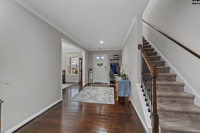 2 Casey Dr, Elgin, SC 29045 - entryway with stairs, hardwood / wood-style flooring, ornamental molding, baseboards, and recessed lighting