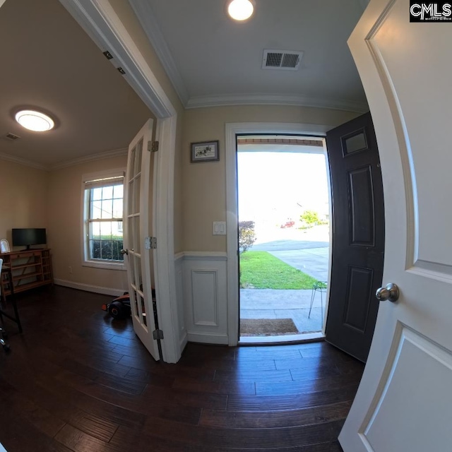 1 Twinspur Ct, Columbia, SC 29229 - foyer with crown molding, dark wood-style floors, and a wainscoted wall