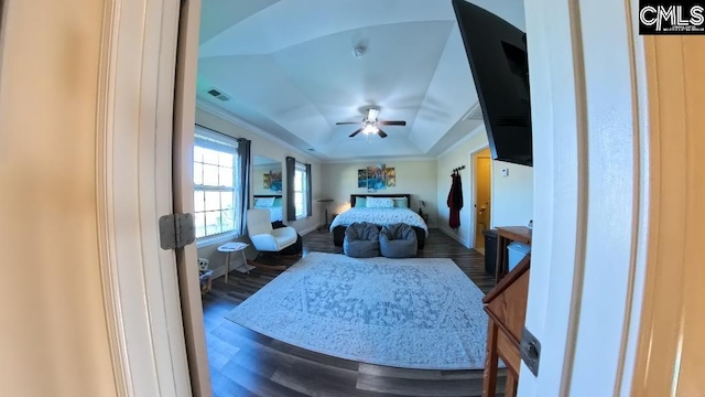 1 Twinspur Ct, Columbia, SC 29229 - bedroom with a tray ceiling, wood finished floors, ornamental molding, and ceiling fan