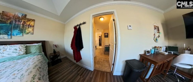 1 Twinspur Ct, Columbia, SC 29229 - bedroom featuring crown molding, dark wood-type flooring, baseboards, and lofted ceiling