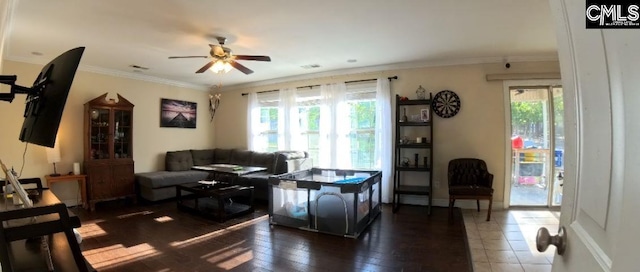 1 Twinspur Ct, Columbia, SC 29229 - living area with plenty of natural light, a ceiling fan, ornamental molding, and wood-type flooring
