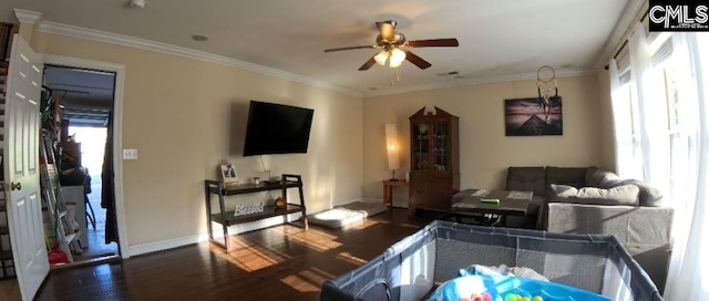1 Twinspur Ct, Columbia, SC 29229 - living area featuring a ceiling fan, wood finished floors, ornamental molding, and baseboards
