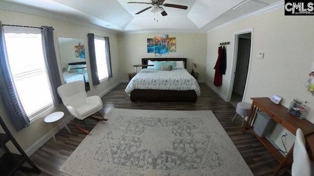 1 Twinspur Ct, Columbia, SC 29229 - bedroom with dark wood-type flooring, a tray ceiling, baseboards, ornamental molding, and ceiling fan