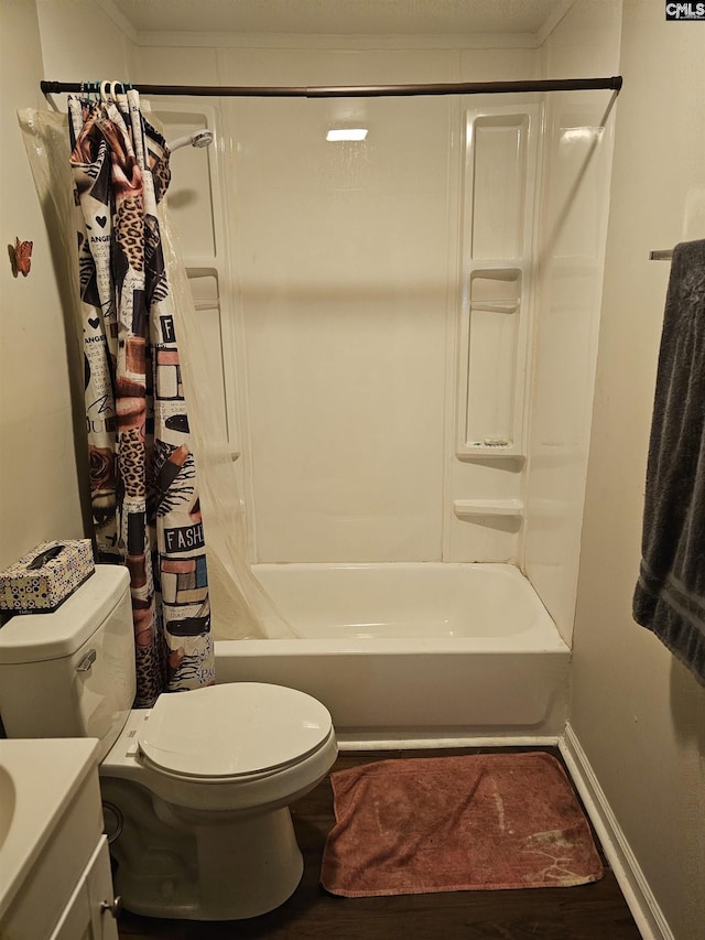 204 Crawford Rd, Columbia, SC 29203 - full bath featuring toilet, vanity, shower / tub combo, wood finished floors, and baseboards