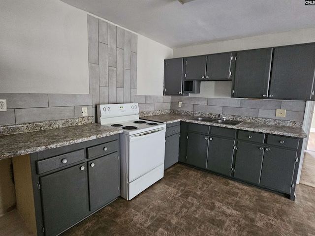 202 Crawford Rd, Columbia, SC 29203 - kitchen with electric stove, a sink, dark flooring, and backsplash