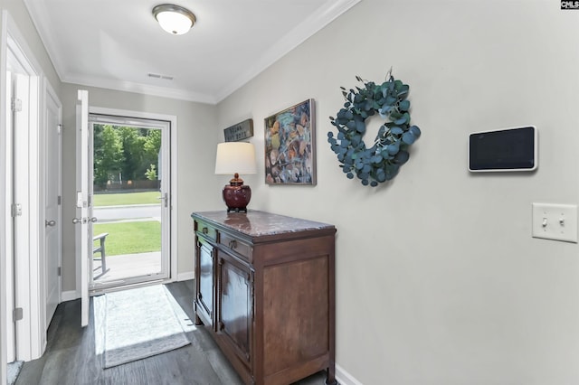 206 Carriagebrook Cir, Camden, SC 29020 - entrance foyer with crown molding, dark wood-style floors, and baseboards