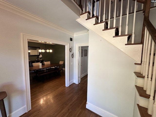 219 Mallet Hill Rd, Columbia, SC 29223 - staircase featuring baseboards, crown molding, and wood finished floors