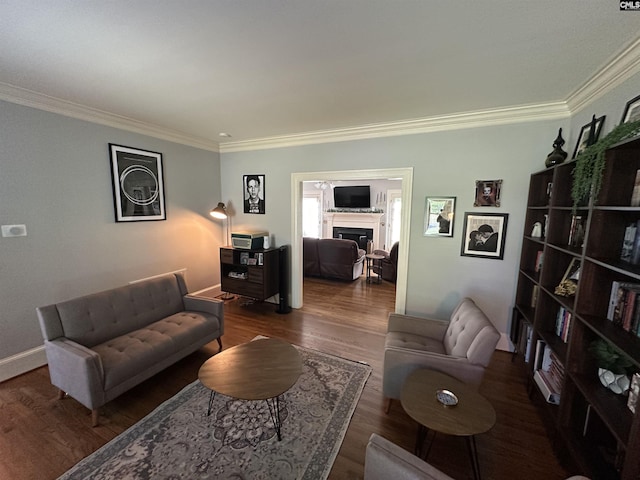 219 Mallet Hill Rd, Columbia, SC 29223 - living area featuring ornamental molding, a fireplace, wood finished floors, and baseboards