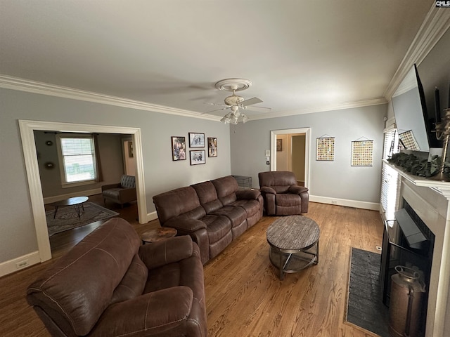 219 Mallet Hill Rd, Columbia, SC 29223 - living area featuring ornamental molding, a fireplace with flush hearth, a ceiling fan, baseboards, and wood finished floors