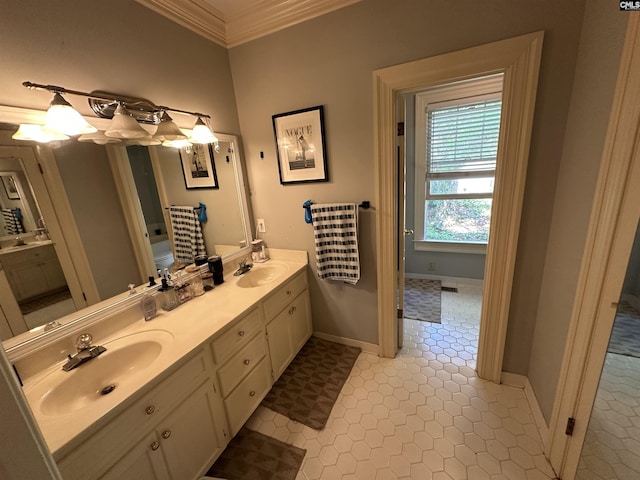 219 Mallet Hill Rd, Columbia, SC 29223 - bathroom featuring crown molding, double vanity, and baseboards