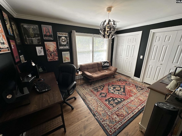 219 Mallet Hill Rd, Columbia, SC 29223 - home office with a chandelier, wood finished floors, and ornamental molding