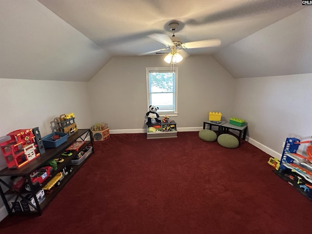 219 Mallet Hill Rd, Columbia, SC 29223 - playroom with lofted ceiling, ceiling fan, baseboards, and carpet flooring