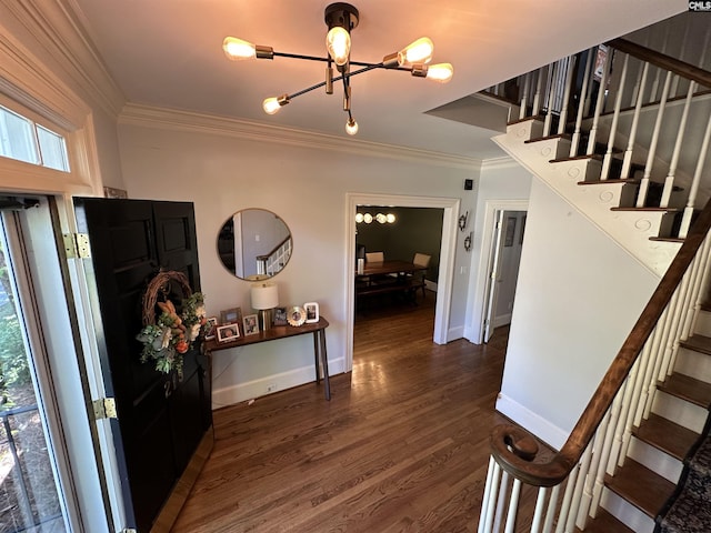 219 Mallet Hill Rd, Columbia, SC 29223 - foyer with stairway, crown molding, a chandelier, wood finished floors, and baseboards