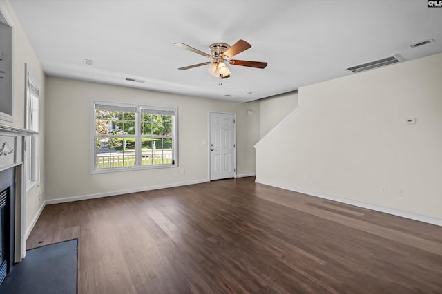 116 Harmon Creek Ct, Lexington, SC 29072 - unfurnished living room featuring a fireplace with flush hearth, a ceiling fan, dark wood-style floors, and baseboards