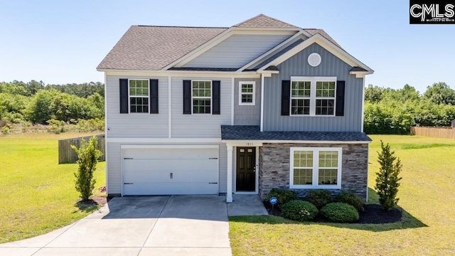 1811 Wildwood Ln, Elgin, SC 29045 - traditional-style home with stone siding, driveway, board and batten siding, a garage, and a shingled roof